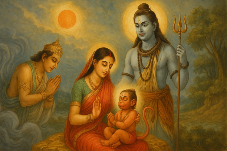 Mata Anjani holding baby Hanuman while Lord Shiva and Vayu Dev bless them – depicting the divine birth of Hanuman Ji as the Rudravatar in Indian mythology